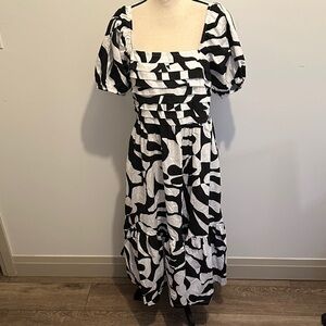 Japna Black White Puff Sleeve Maxi Dress Smocked Back Large Floral Print Pockets